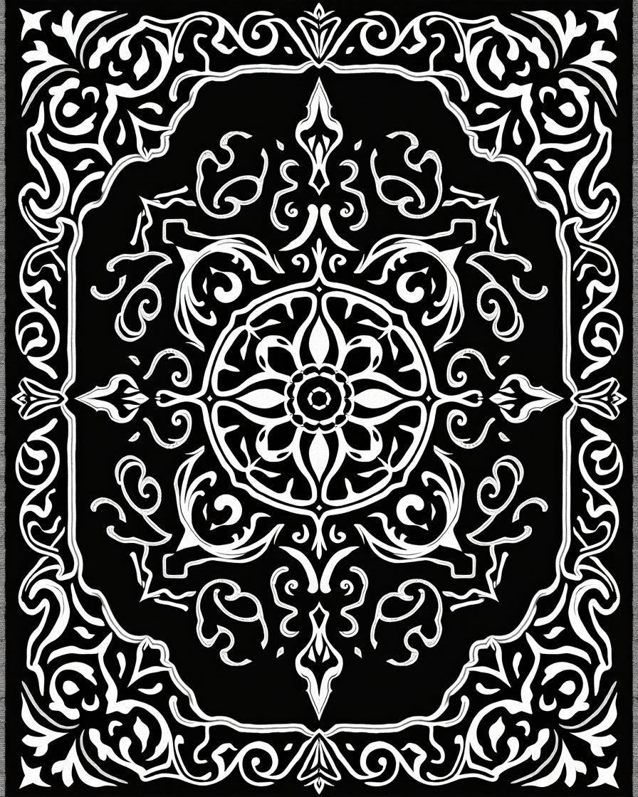 Black White Ornate Floral Medallion Rug