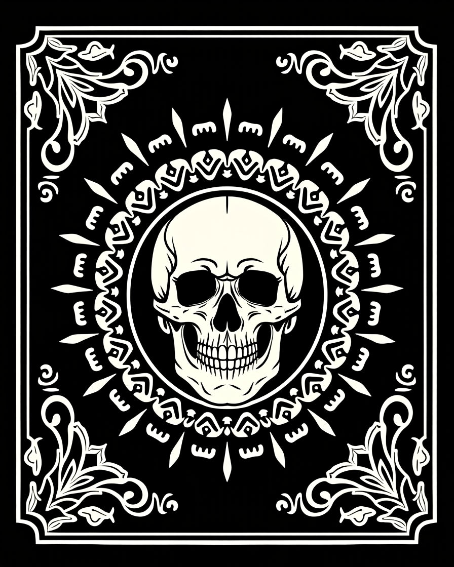 Black Cream Skull Mandala Floral Rug