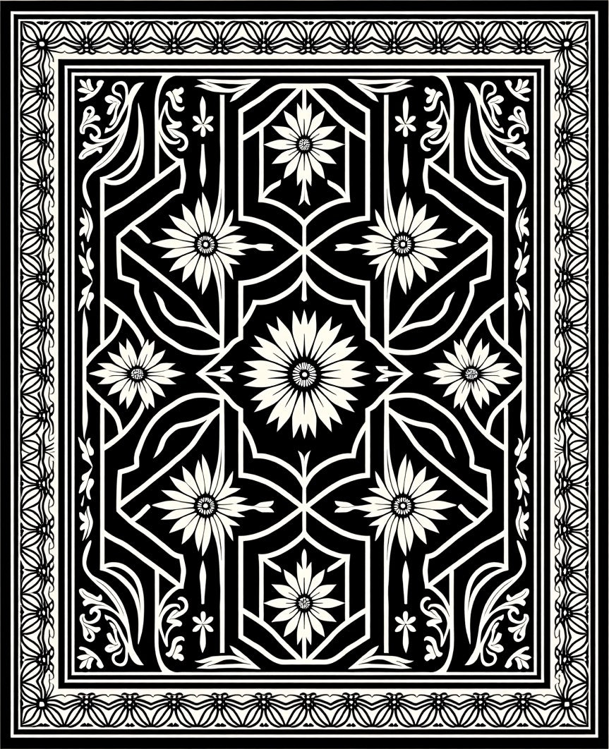 Black White Floral Geometric Op Art Rug