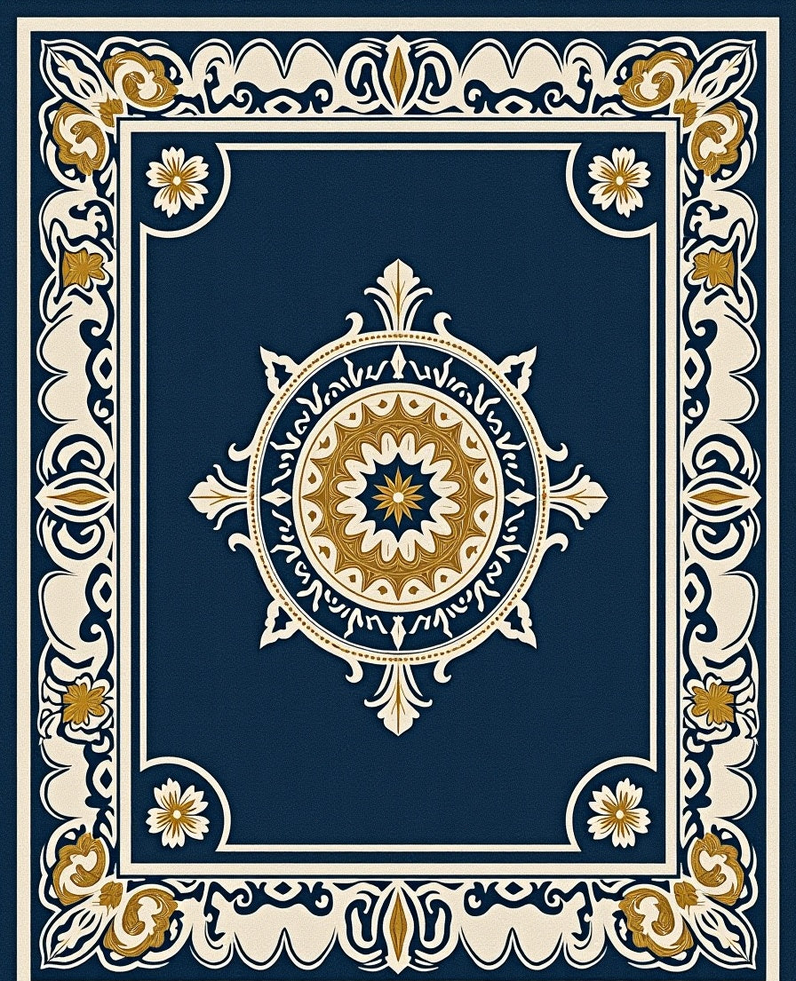 Elegant Navy Gold Medallion Border Rug