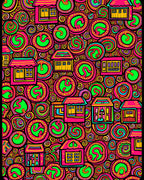 Vibrant Pink Yellow Village Swirls Rug