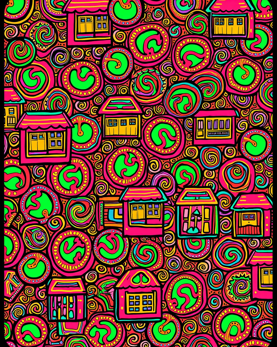 Vibrant Pink Yellow Village Swirls Rug