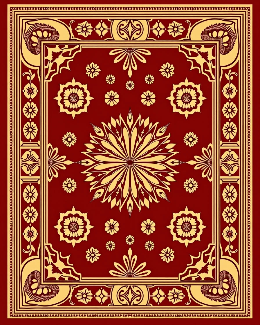 Rich Crimson Golden Floral Medallion Rug