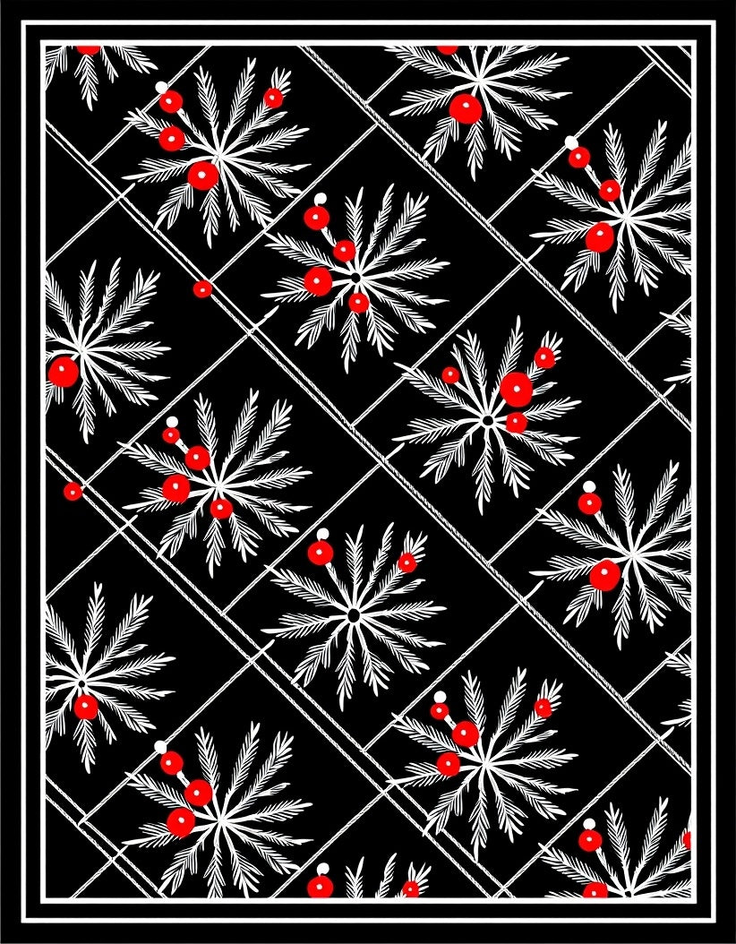 Black White Red Berry Laurel Frame Rug