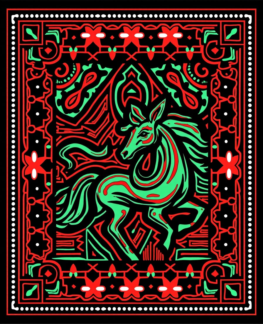 Bold Black Green Red Horse Rug