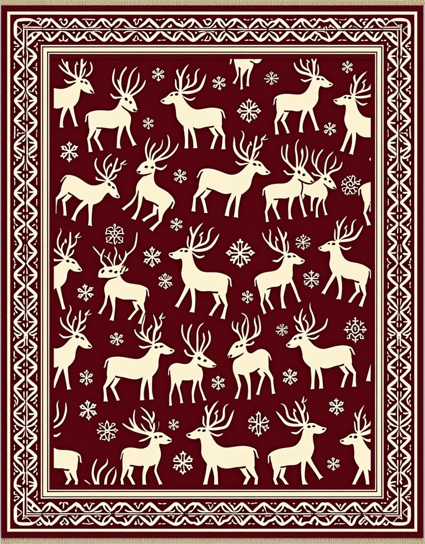 Crimson And Cream Reindeer Snowflakes Rug