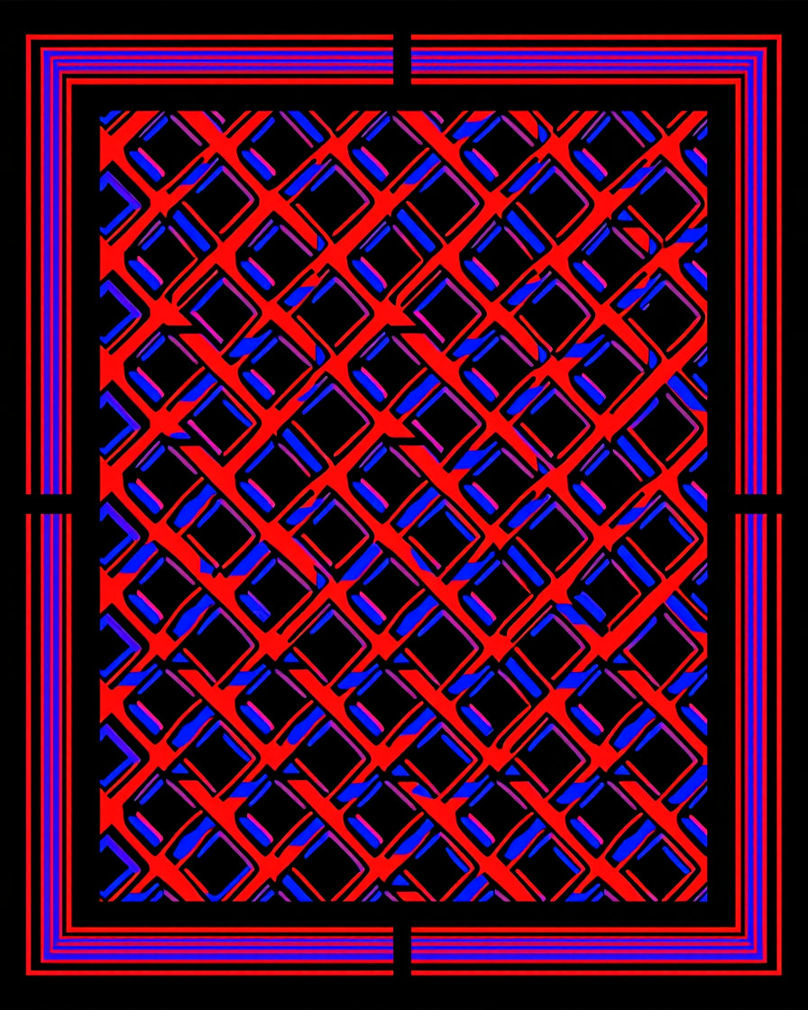 Dramatic Red Blue Intersecting Squares Rug