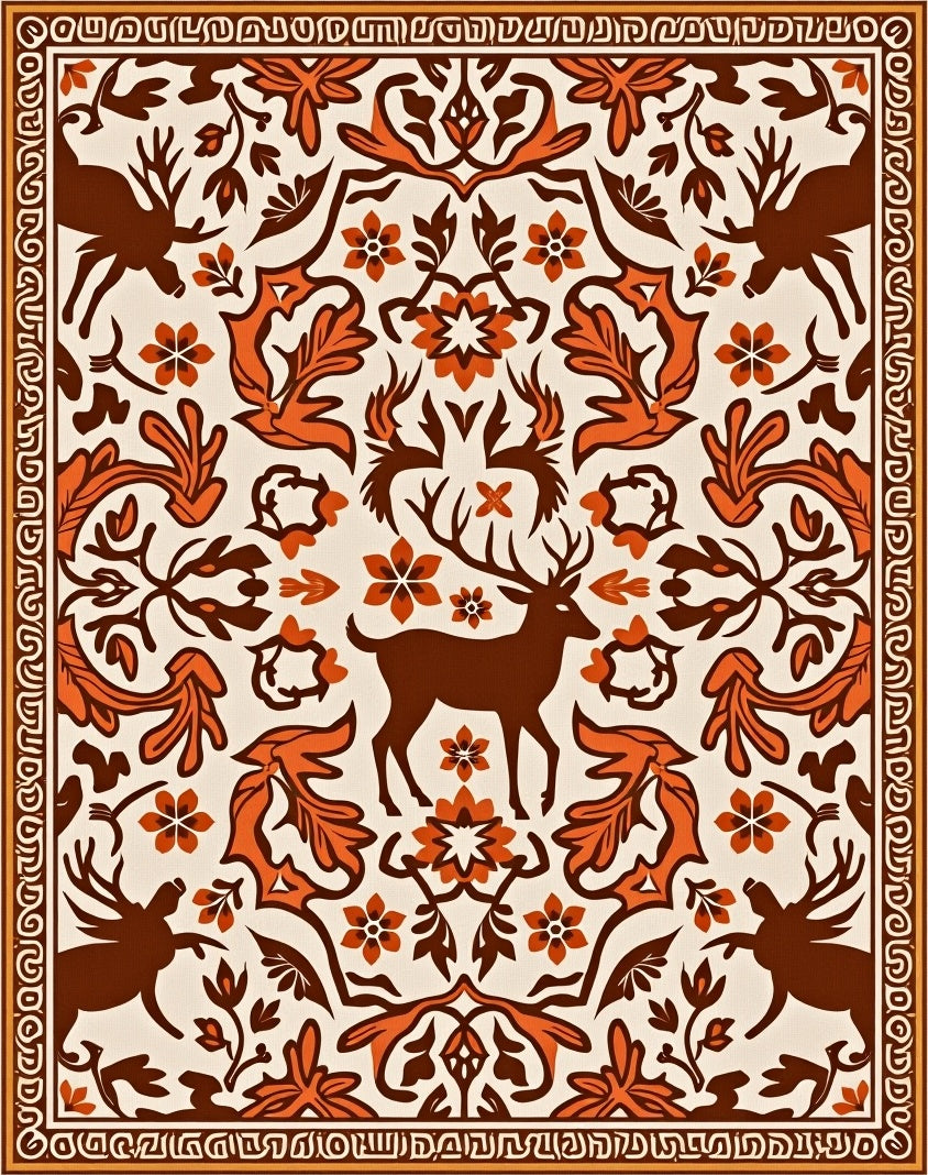 Brown White Deer Floral Forest Medallion Rug