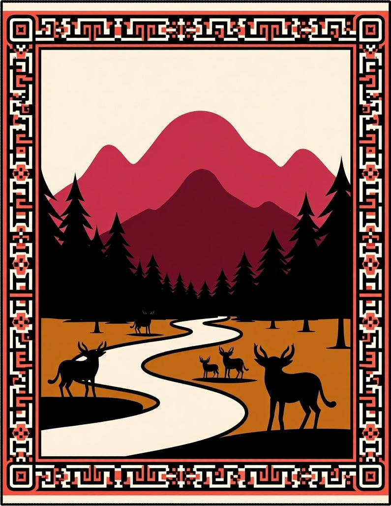 Crimson Mountains With Deer River Scene Rug