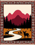 Crimson Mountains With Deer River Scene Rug