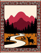 Crimson Mountains With Deer River Scene Rug