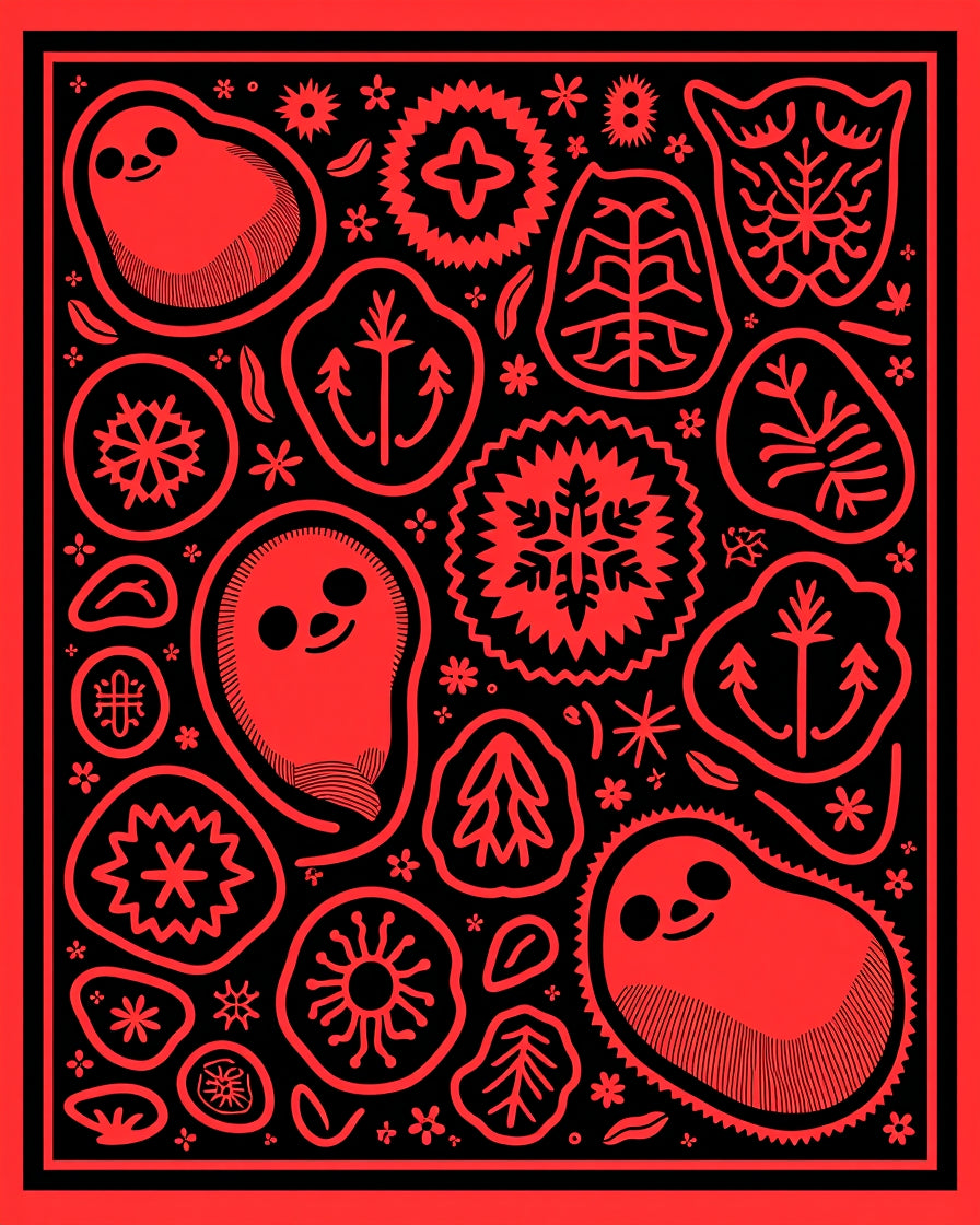 Bold Red Folk Art Creatures Rug