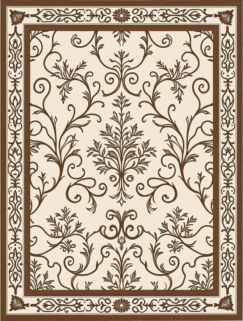Brown Scrollwork Floral Filigree Frame Rug