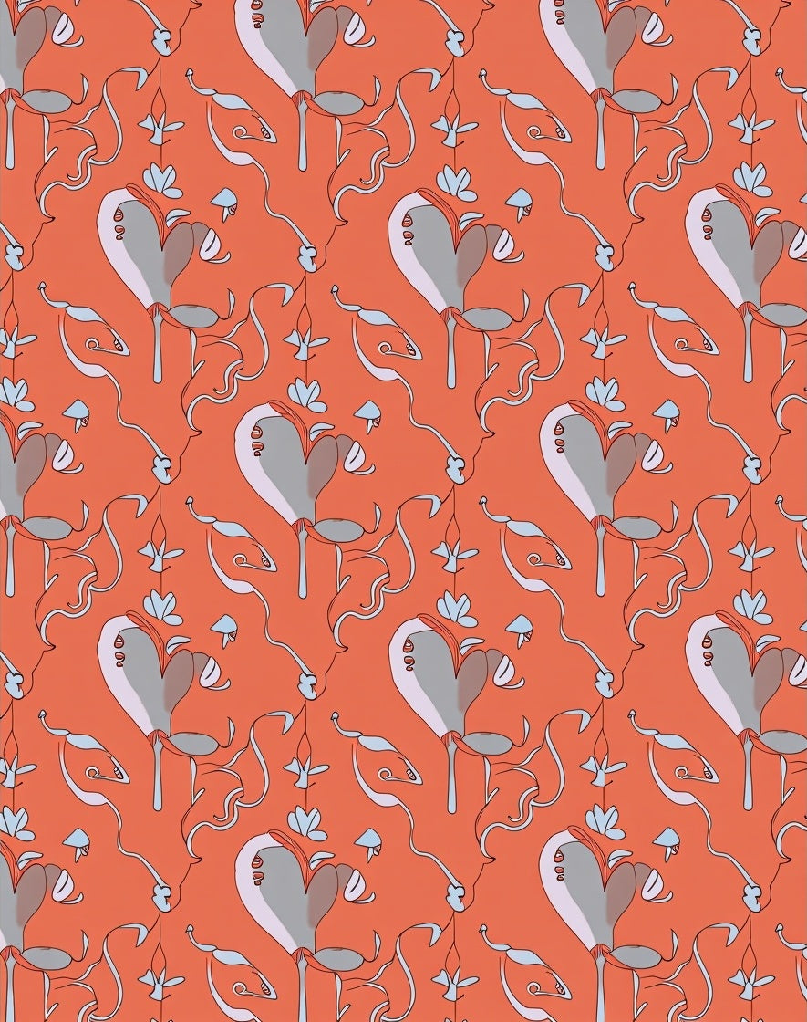Coral Gray Whimsical Floral Swirls Rug