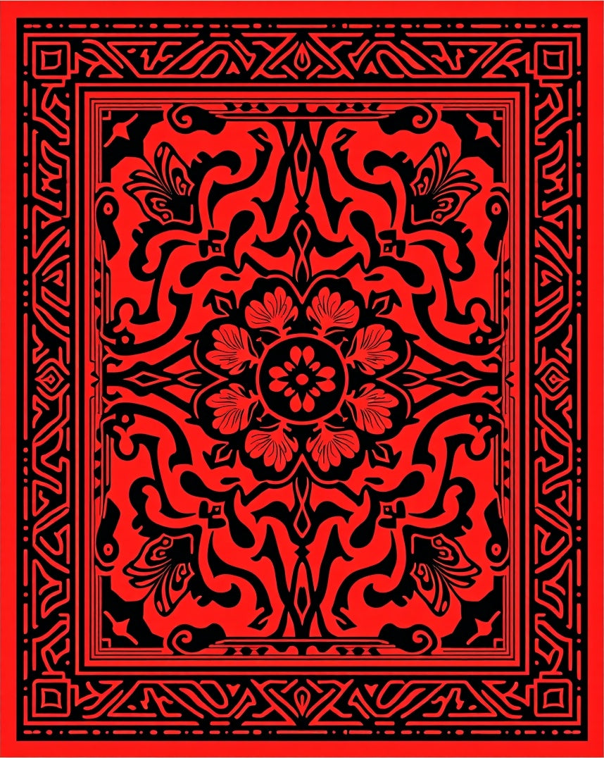 Crimson Black Floral Medallion Border Rug