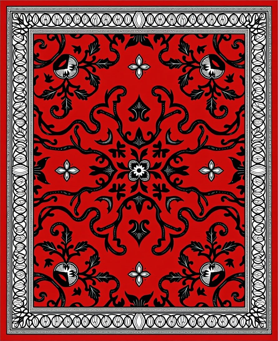 Crimson Black Floral Border Medallion Rug