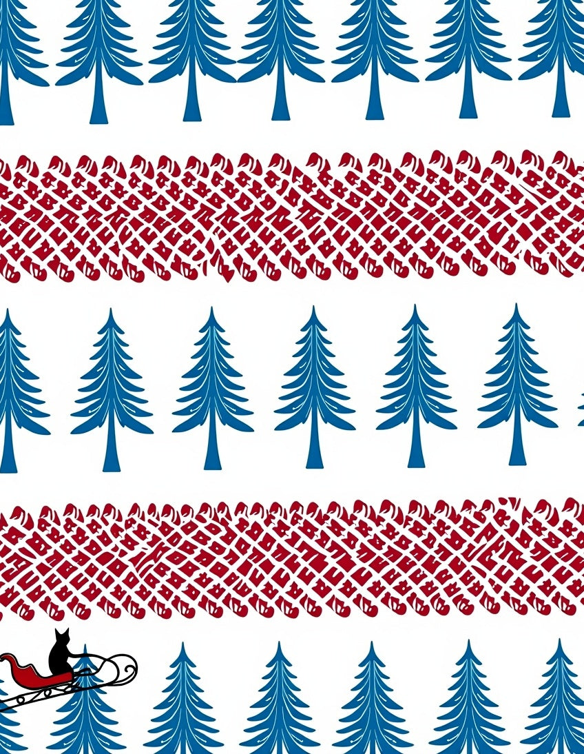 Blue Evergreen Trees Red Border Cat Sleigh Rug