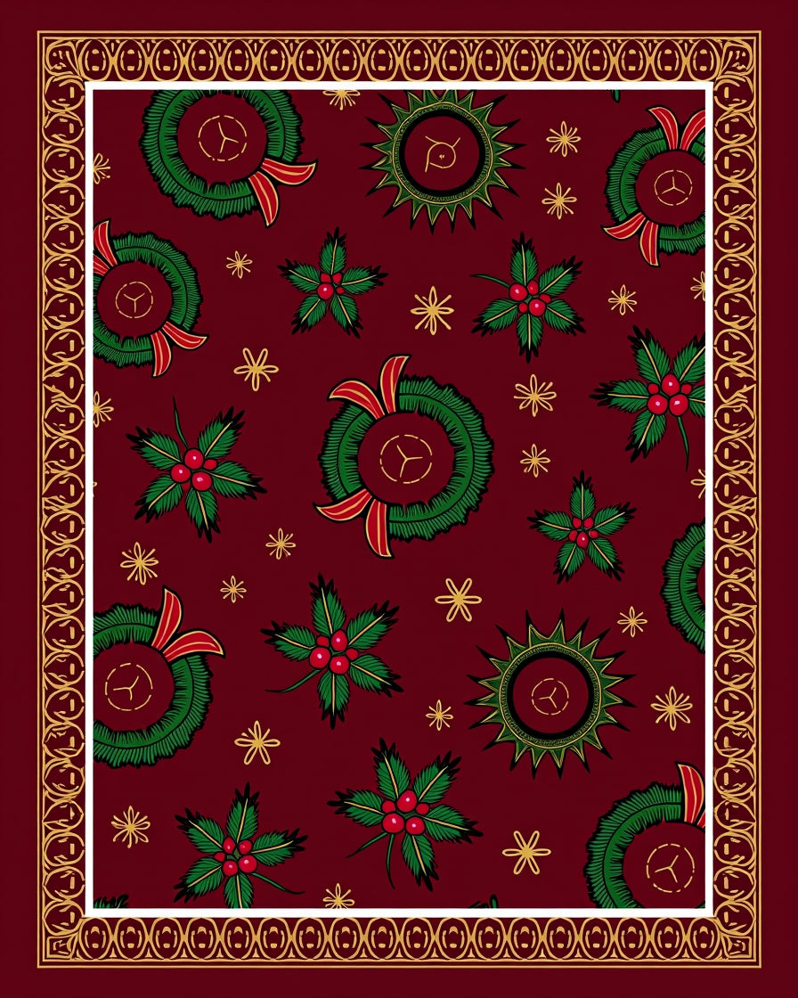 Crimson Wreath Holly Starburst Border Rug