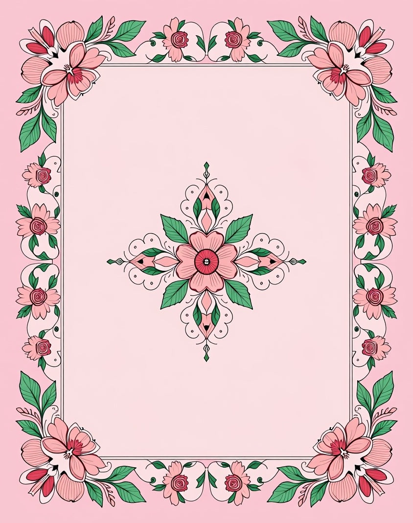 Charming Pink Floral Medallion Border Rug