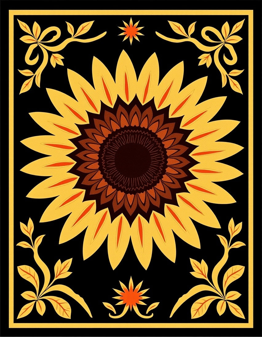 Black Yellow Sunflower Floral Medallion Rug