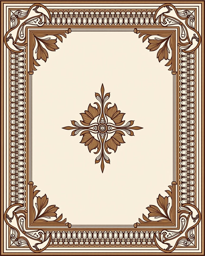 Vintage Brown Art Nouveau Floral Border Rug