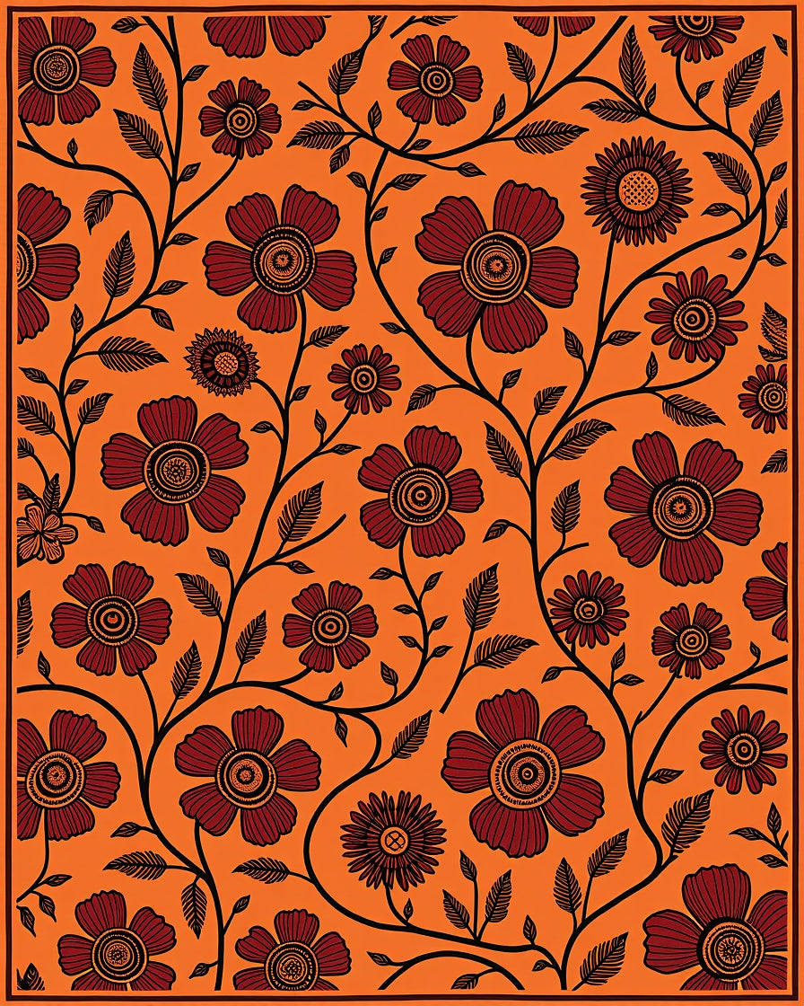 Deep Orange Floral Vine Runner Rug