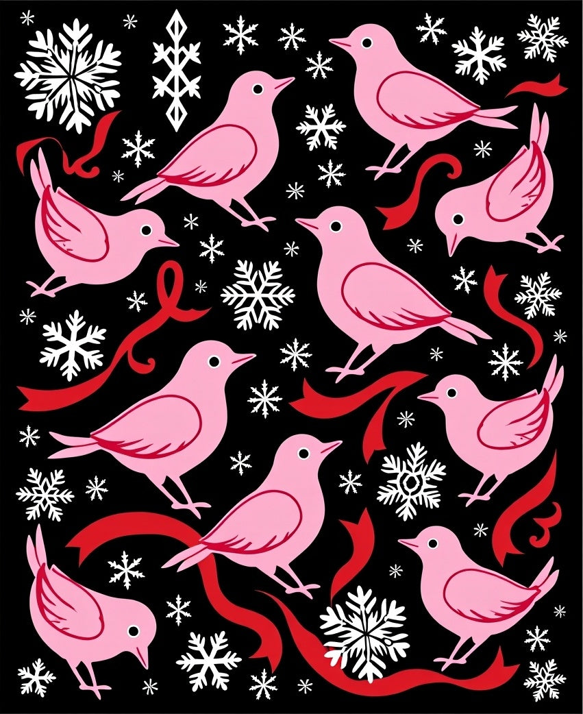 Pink Birds Red Ribbons Snowflakes Rug