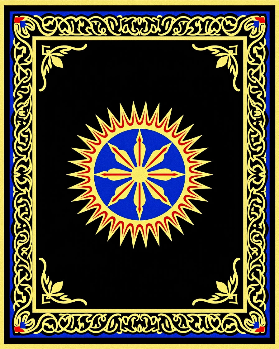 Golden Blue Sunburst Ornamental Frame Rug