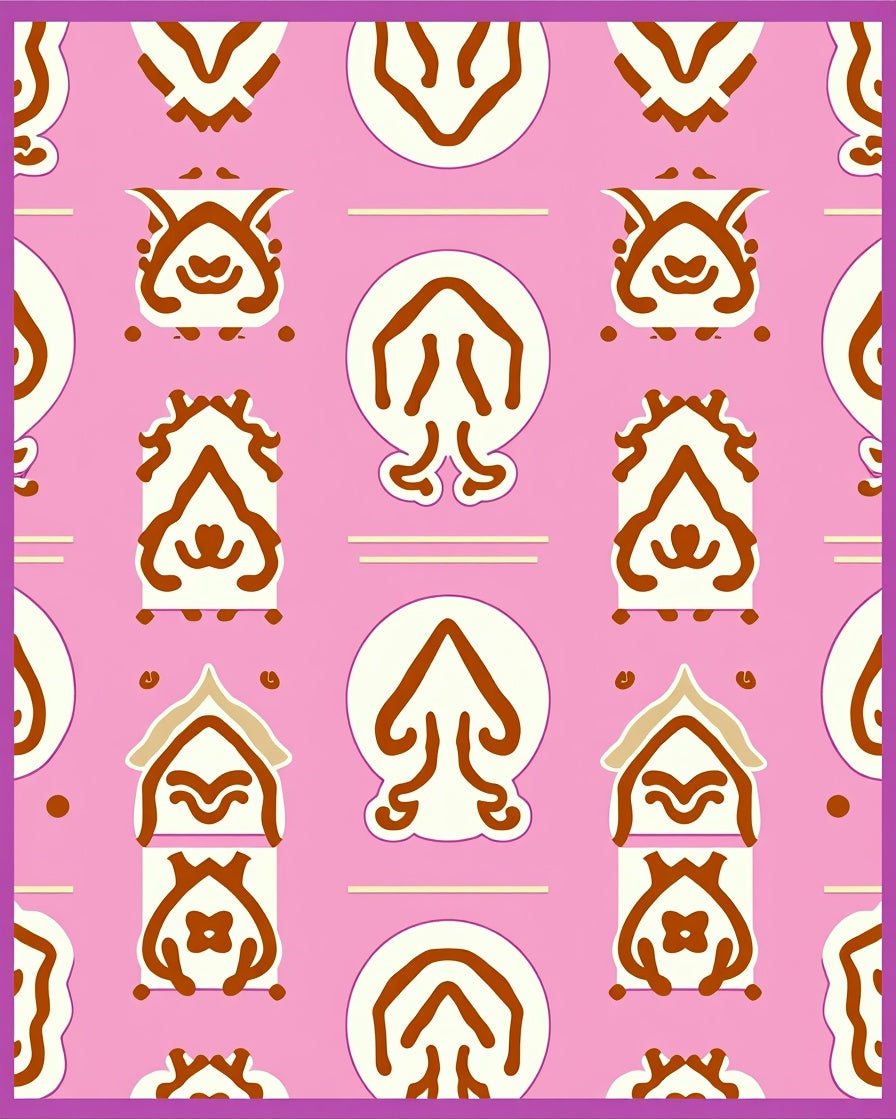 Pink Cream Brown Folk Art Figures Rug