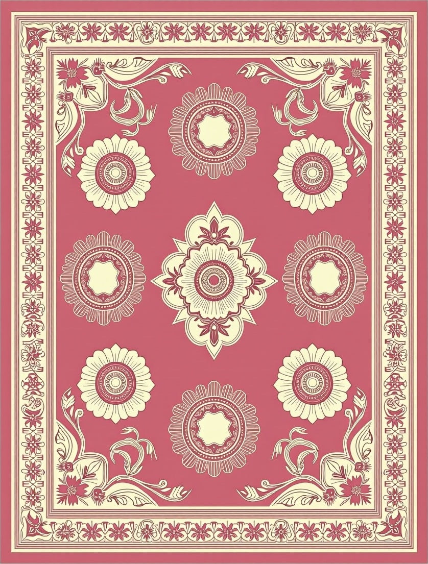 Rose Pink Floral Medallion Frame Rug