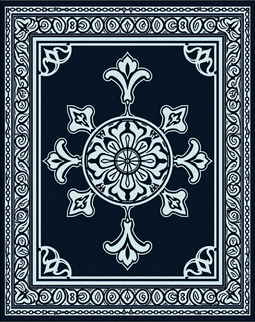 Deep Navy Floral Medallion Border Rug