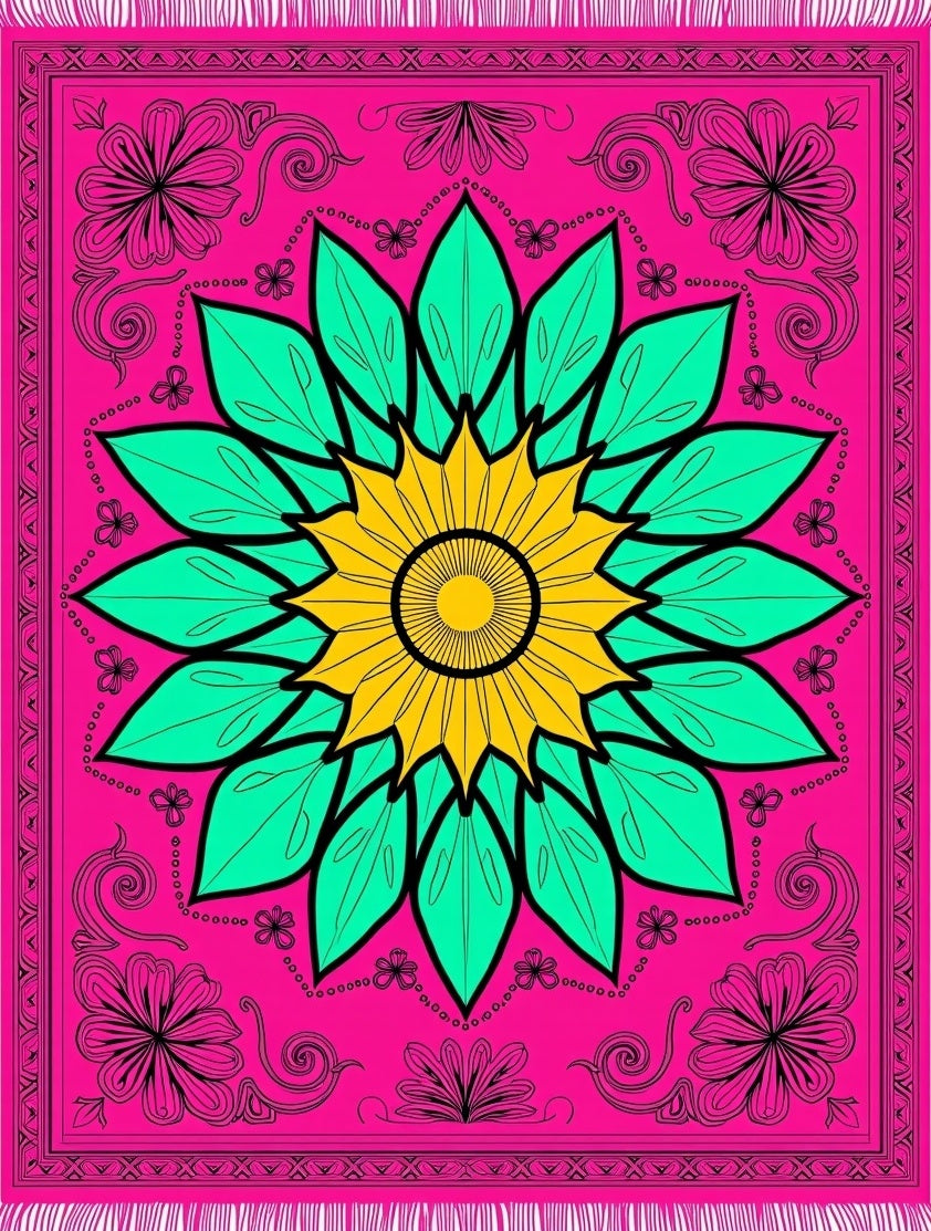 Vibrant Pink Teal Sunflower Medallion Rug
