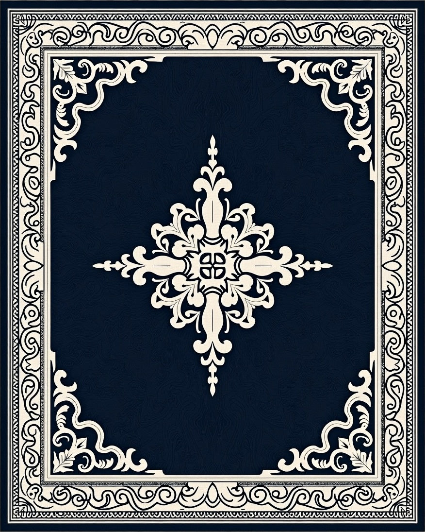Cream Floral Medallion Navy Border Rug