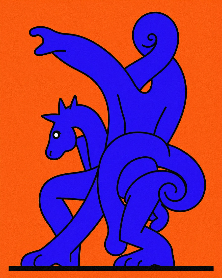 Bold Blue Figure Horse Abstract Orange Rug