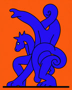 Bold Blue Figure Horse Abstract Orange Rug