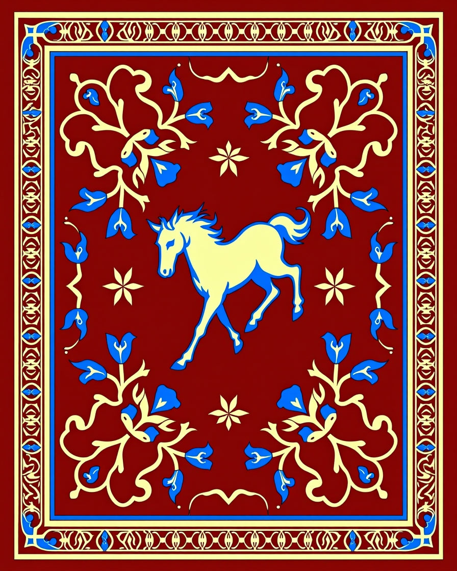 Crimson Yellow Blue Horse Border Rug