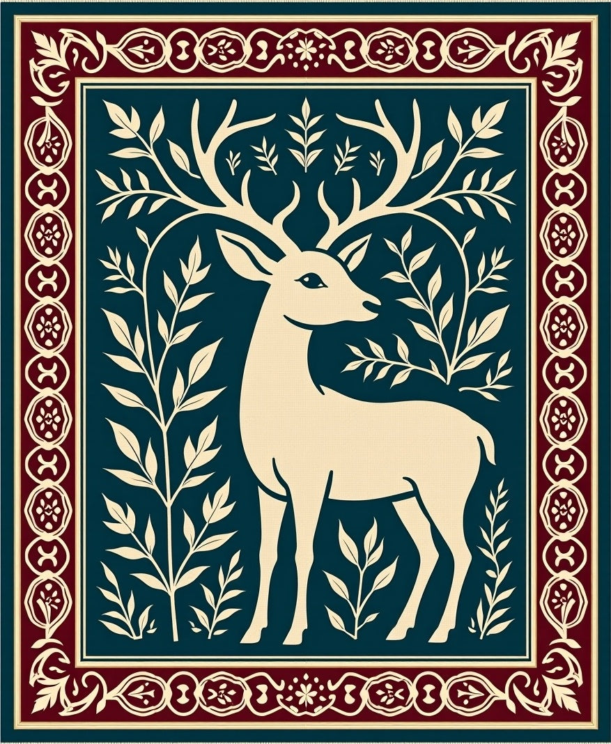 Cream Deer With Burgundy Floral Border Rug