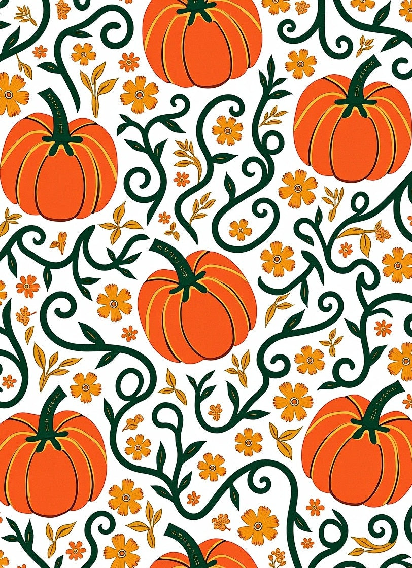 Autumn Orange Pumpkin Floral Swirl Rug