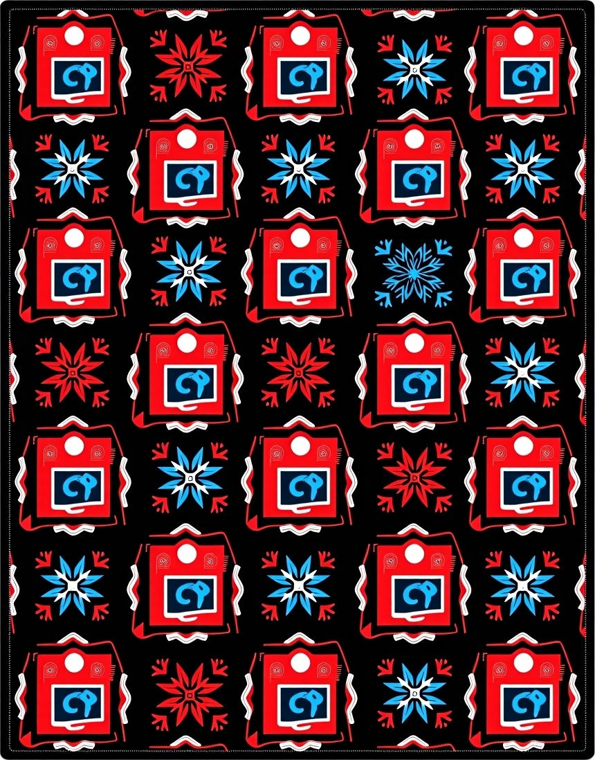 Bold Red Blue Square Medallion Rug