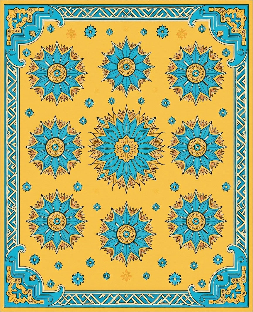 Golden Yellow Floral Medallion Border Rug