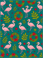 Pink Flamingos Green Wreaths Floral Teal Rug