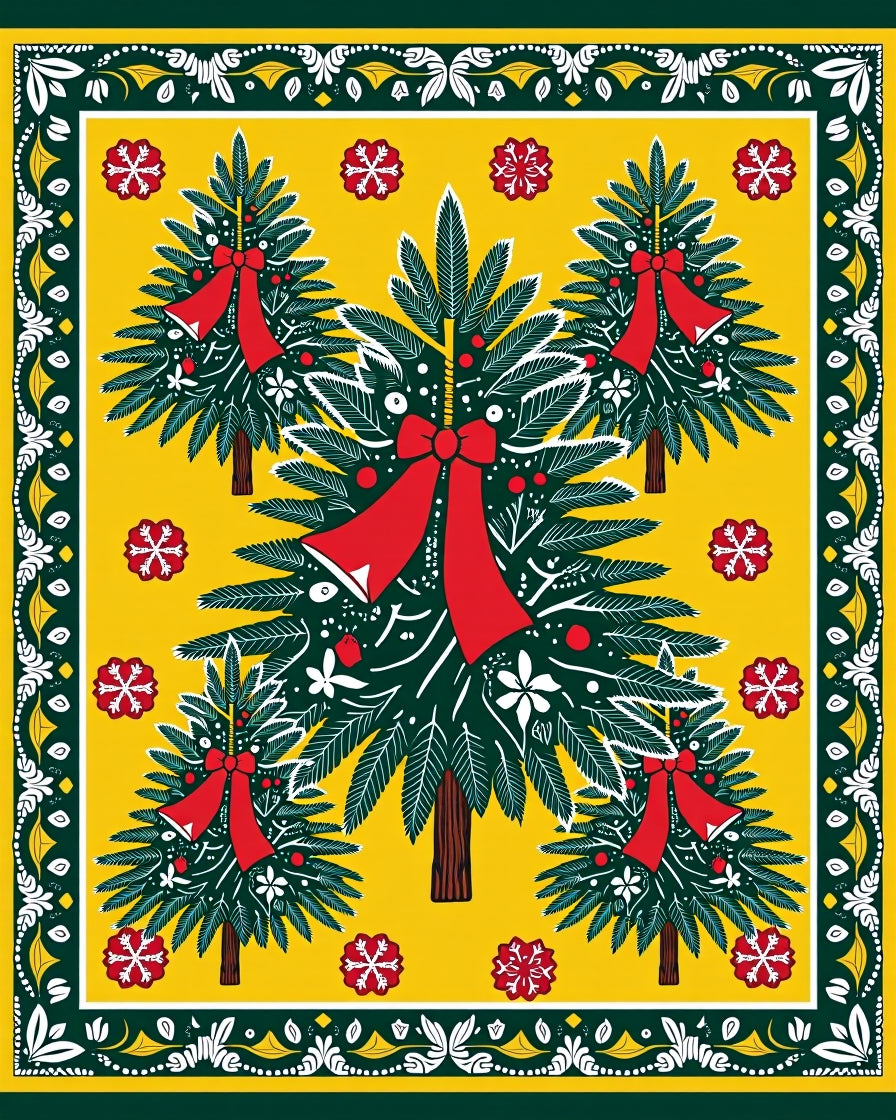 Festive Pine Trees Red Bow Snowflakes Yellow Rug
