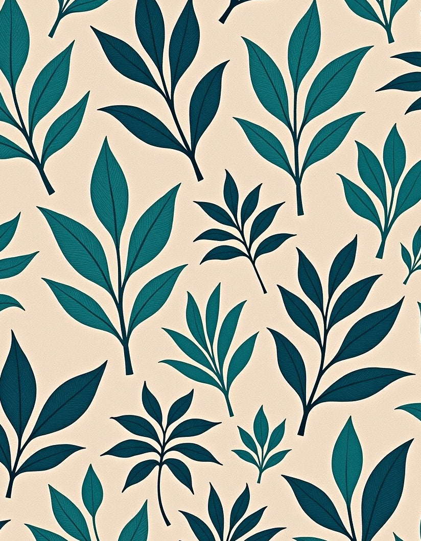 Teal Leaf Pattern On Cream Background Rug