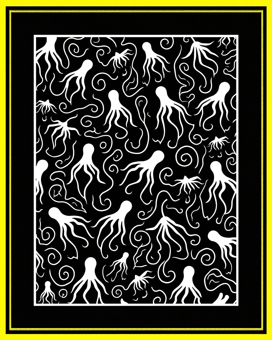 Whimsical White Octopus Swirl Black Rug