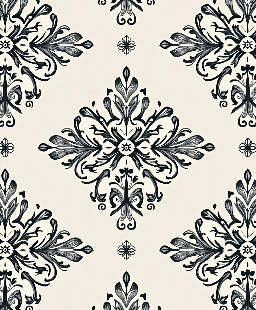 Black Ivory Floral Damask Medallion Rug