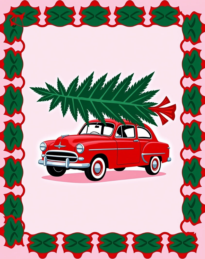 Classic Red Car Christmas Tree Border Rug