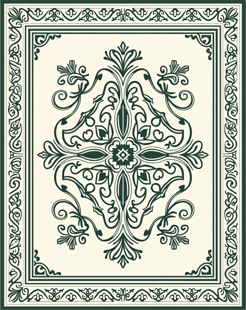 Dark Green Floral Medallion Cream Rug