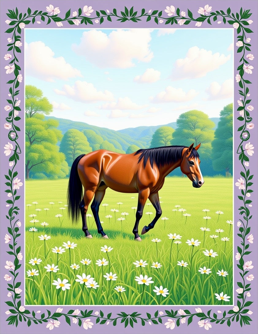 Sleek Bay Horse Meadow Daisy Border Rug