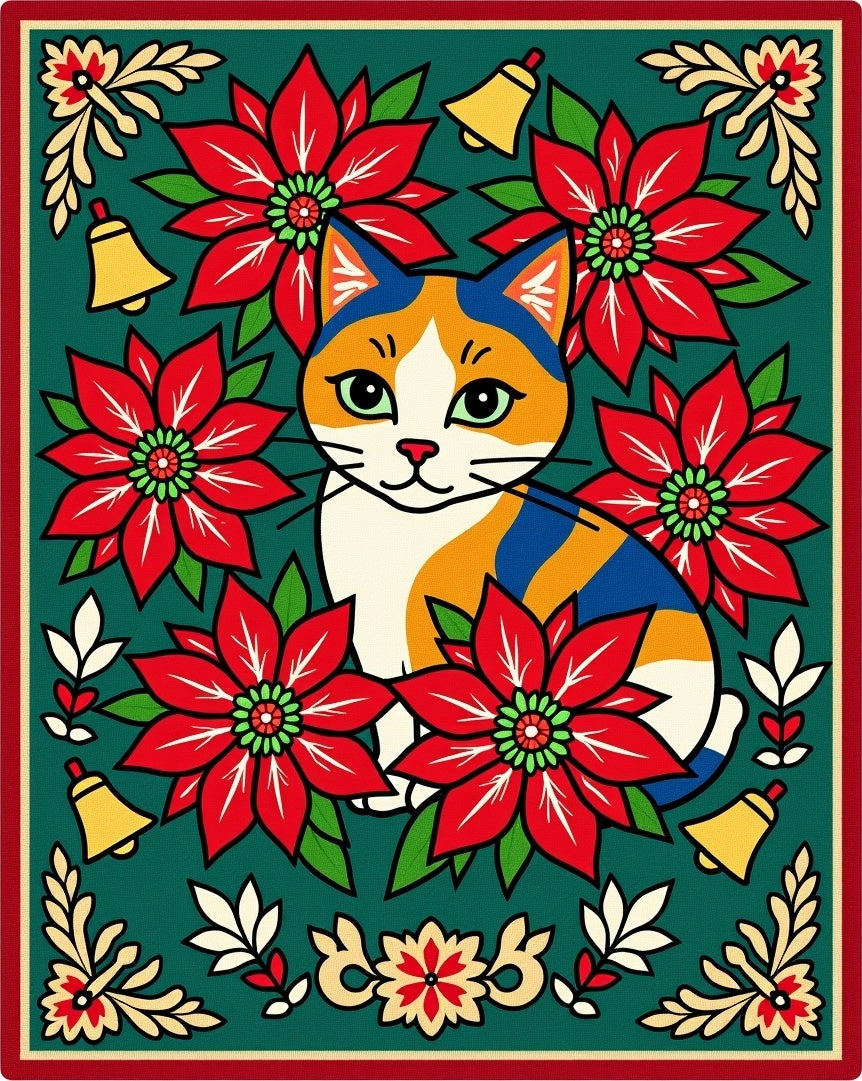 Festive Calico Cat Poinsettia Bells Border Rug