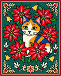 Festive Calico Cat Poinsettia Bells Border Rug